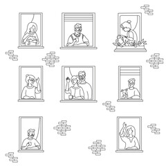 elderly couple looking for a house. windows with people neighbors. People look at neighbors, youth and old, different. social isolation during the coronavirus pandemic. Stay home. Line drawing