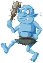 Blue goblin or troll holding hunting tool in cartoon character isolated