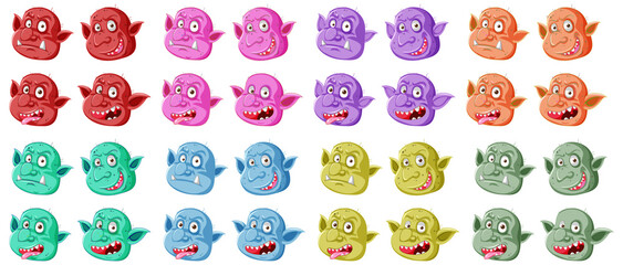 Set of colorful goblin or troll face in different expressions in cartoon style isolated