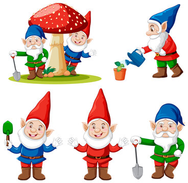 Set of garden gnome cartoon character on white background