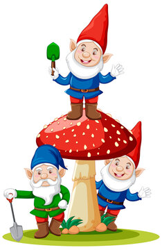 Gnomes and mushroom cartoon character on white background