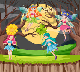 Fairy tales holding flower cartoon style on moon and forest background