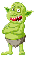 Green goblin or troll standing pose with anger face in cartoon character isolated