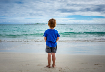 Fototapeta na wymiar Young boy stares out at the ocean from the beach
