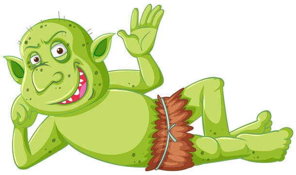 Green goblin or troll smile while lying down in cartoon character isolated