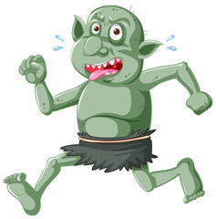 Obraz premium Dark green goblin or troll running pose with funny face in cartoon character isolated