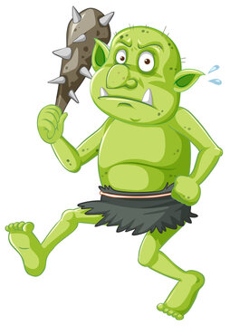 recommend clip art: Green goblin or troll holding hunting tool in cartoon character isolated