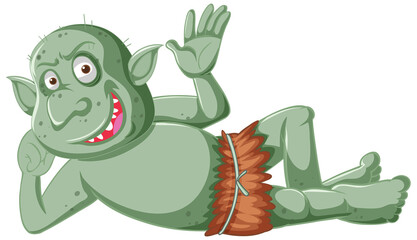 Dark green goblin or troll smile while lying down in cartoon character isolated