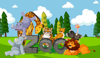 Zoo animals in the wild nature background