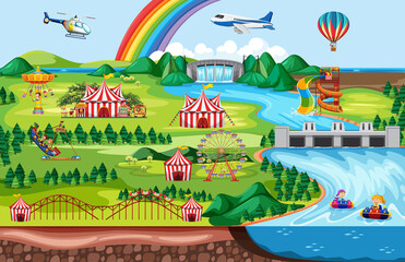 Amusement park with rainbow and plane and helicopter theme landscape