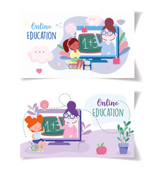 online education, teacher and students backpack and books, website and mobile training courses