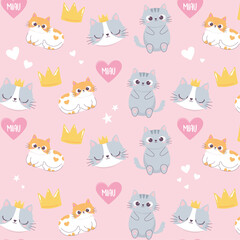 cute cats heads crown love heart cartoon animal funny character background