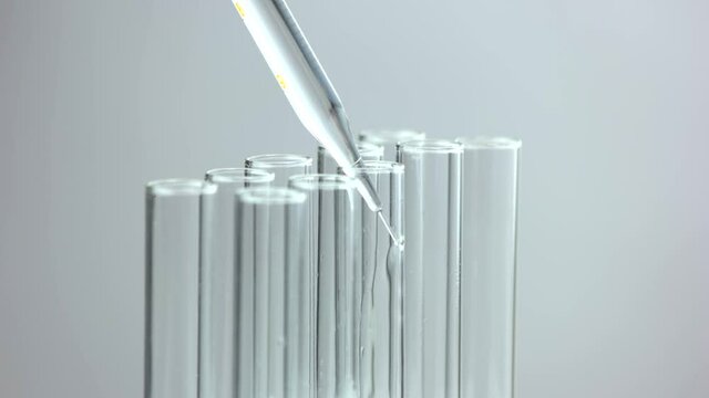 Scientist researcher pouring transparent liquid into test tubes. Medical and chemical research concept.