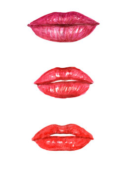 watercolor fashion illustration of red lips in different positions on white background