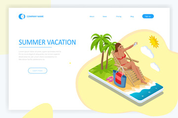 It's Summer time banner. Summer Luxury vacation. Isometric beautiful girl in a swimsuit sits in a beach chair and takes a selfie on the background of the sea