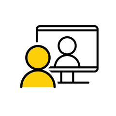 Video chat conference icon. People on computer screen. Home office. Digital communication. Internet teaching media.