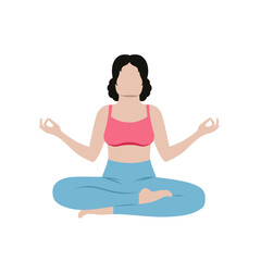 A beautiful girl is sitting in a Lotus position isolated on a white background. Vector flat cartoon illustration. The concept of fitness, yoga, charging, meditation.