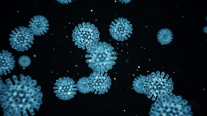 Pathogen of coronavirus covid19 inside infected organism is under microscope shown as blue cells on black background. Dangerous virus strain cases leading to epidemic. 3d rendering animation in 4K.