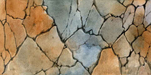 Fototapeta premium Stone wall. Stone texture drawn in watercolor. Stone wall with cracks. Beautiful watercolor illustration.