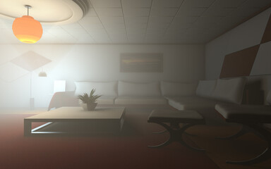 creepy living room with strange fog