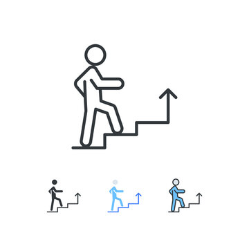 Personal Development Of Training Concept. Man Walking Towards,climbs Up  The Stairs For Career Ladder. Career Growth Increase. Development Icon. Vector Illustration. Design On White Background. EPS10