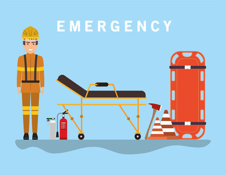 Firefighter man stretcher cones and axe vector design