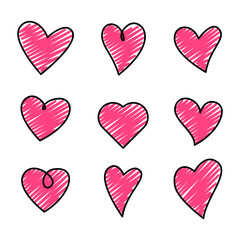 Heart shape vector bundle icons set isolated on white background. love design decoration for greeting card or wedding with doodle comic style
