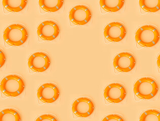 Many lifebuoy rings on color background with space for text