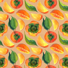 Watercolor seamless pattern of persimmon on a orange beige background. Floral illustration for wrapping paper, textiles, greeting cards and invitations.