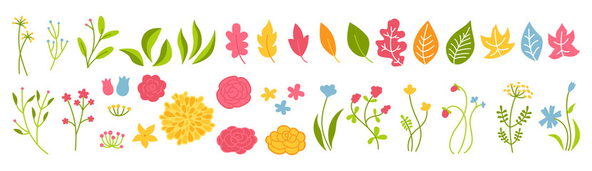 Branch and flower rose botanical green set. Abstract different beautiful floral design elements. Colorful flat floral cartoon eco collection. Beautiful isolated greens leaf. Vector illustration