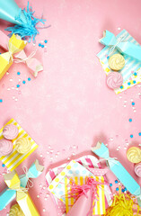 Happy birthday party pastel colors theme modern creative layout flat lay with decorations, party...