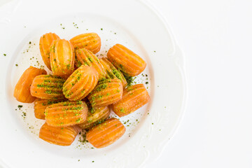 Traditional Turkish Pastry Dessert,Tulumba on white with copy space,top view