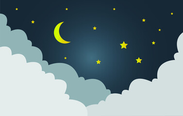Obraz na płótnie Canvas Crescent moon, stars, and clouds on the midnight sky background. Night sky scenery background