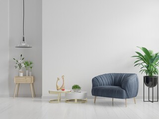 The interior has a armchair on empty white wall background.