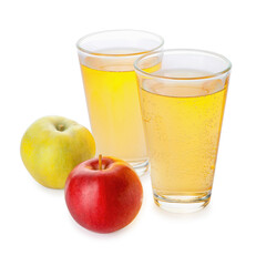 Glasses of apple cider on white background