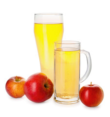 Glass and mug of apple cider on white background