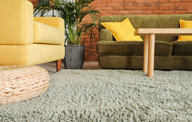 Stylish interior of living room with carpet