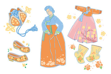Korean traditional female clothing with traditional clothing accessories, traditional clothes, cloth bags, socks, traditional female shoes, vector illustration