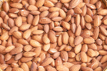 Organic almond nuts  top view. Healthy snack