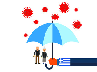 Old people under the umbrella are protected from the coronavirus COVID-19. A hand with an umbrella protects the family from the coronavirus. Vector illustration. Greece government protec old people