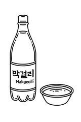 Makgeolli is a Korean alcoholic beverage. The letter written on the bottle means makgeolli. Vector line art illustrations set.