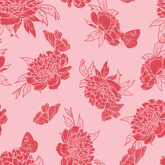 red peony flower leaf butterfly pink background design