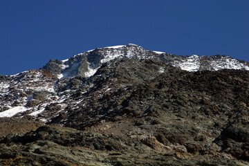 Gouter Mountain House from Mont Blanc climbing route in French Alps, France.