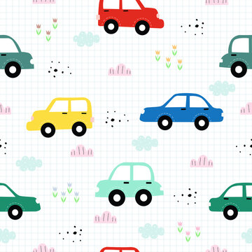 Seamless texture pattern A classic vintage car background with flowers and a square grid as a wallpaper. Design for use in textiles, fabrics, publications, gift wrap Vector illustration