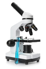 Modern microscope and test tube on white background
