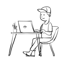 Man work from home hand drawn illustration