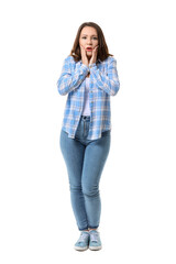 Fototapeta premium Shocked young woman on white background
