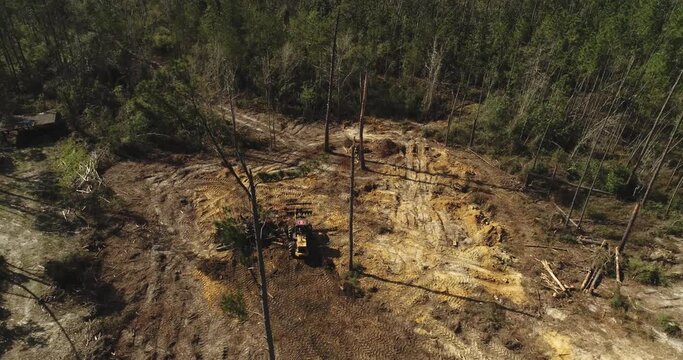 Aerial view of excavation work being done and trees being moved