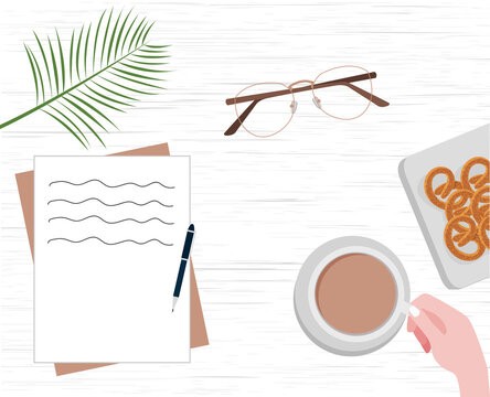 Top View Of Coffee Cookie Spectacles Notes On Table With Modern Flat Design Vector Illustration.