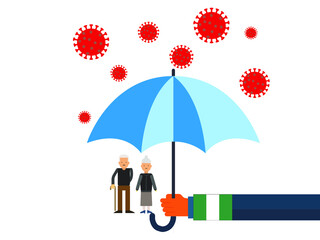 Old people under the umbrella are protected from the coronavirus COVID-19. A hand with an umbrella protects the family from the coronavirus. Vector illustration. government protec old people